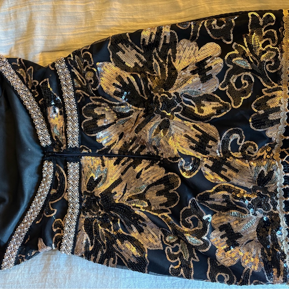 Lane 201- Black and Gold Sequin Floral Dress